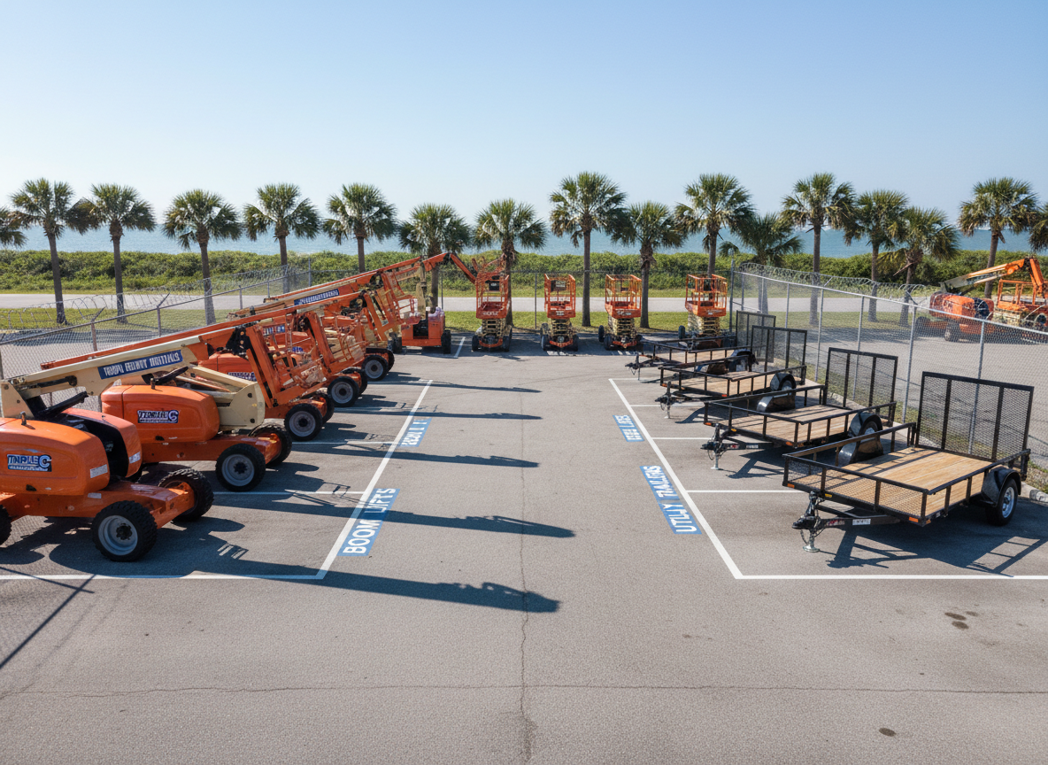 A neatly arranged outdoor rental lot in Melbourne, Florida, viewed from a slightly elevated perspective, showing designated lanes painted on the asphalt for boom lifts, scissor lifts, and utility trailers. Several machines are parked in their marked spaces, all in excellent condition with freshly cleaned surfaces and clearly visible Triple C Equipment Rentals branding on the sides. The surrounding chain-link fence and a row of low palm trees mark the property boundary. Bright midday coastal sunlight creates crisp, clean shadows and saturated colors, giving the scene a clear, professional look. Photographic realism, sharp focus throughout, with a balanced composition that emphasizes organization, safety, and easy access for contractors picking up and returning aerial lifts.