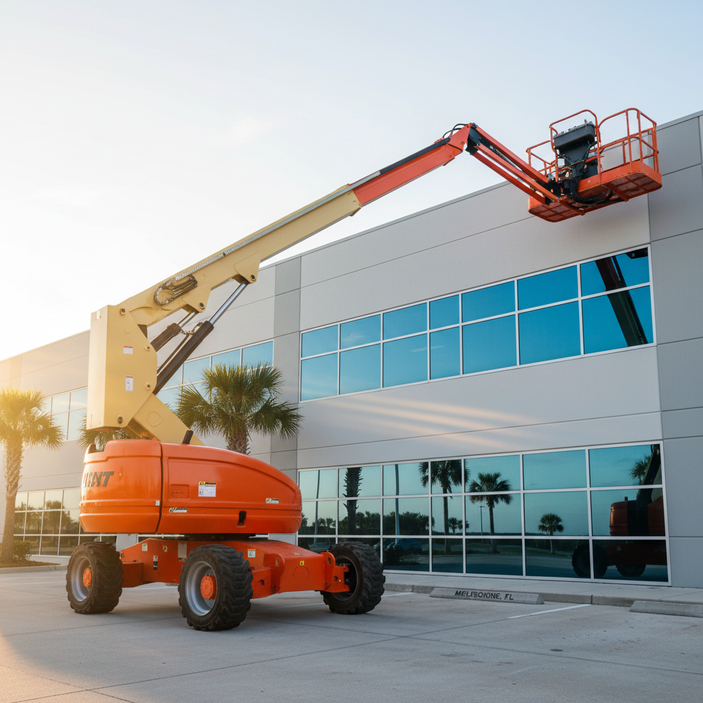 A towering articulated boom lift partially extended beside the exterior wall of a contemporary commercial building in Melbourne, Florida, its arm reaching up toward the roofline. The machine’s articulated joints, heavy-duty tires, and rugged chassis are shown in crisp detail, with safety orange and yellow accents contrasting against the building’s neutral stucco and glass facade. Early morning coastal light gives a soft, warm glow, casting long, gentle shadows and a subtle reflection on nearby windows. Photographic realism, captured from a low-angle perspective to emphasize height and reach, with the composition using the rule of thirds to balance the lift and building, creating a mood of capability, safety, and professional jobsite performance.