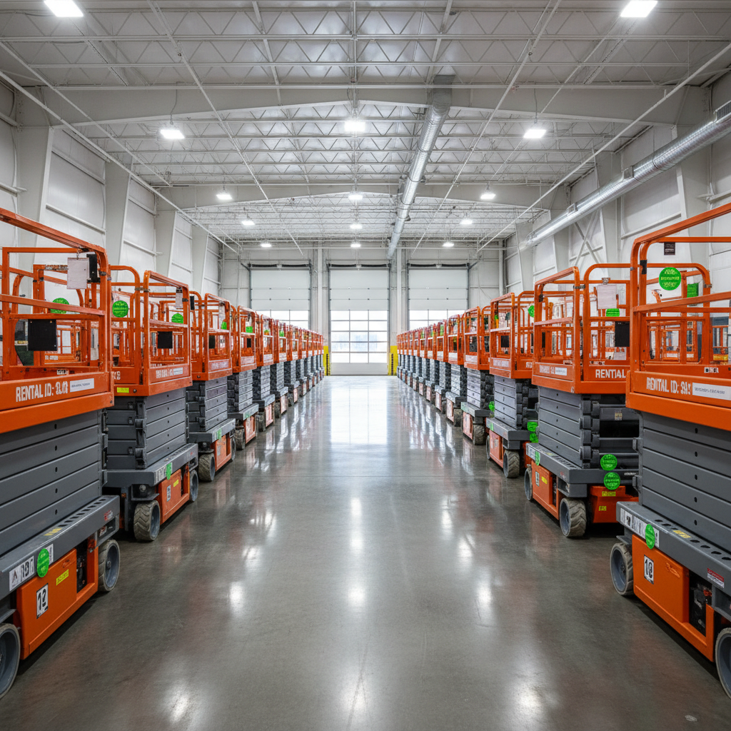 An organized indoor rental staging area featuring a row of compact scissor lifts and smaller vertical mast lifts in impeccable condition, each tagged with clearly visible rental ID numbers and inspection stickers. The equipment sits on spotless polished concrete within a bright, high-ceilinged warehouse. Large roll-up doors at the far end allow diffused daylight to pour in, blending with cool, even overhead LED lighting to create a clean, shadow-soft environment. Photographic realism, captured from a slightly elevated, wide-angle viewpoint that showcases depth and symmetry, with strong leading lines formed by the equipment row. The mood is orderly and efficient, emphasizing safety, maintenance, and readiness for contractors to pick up lifts for daily, weekly, or monthly rentals.