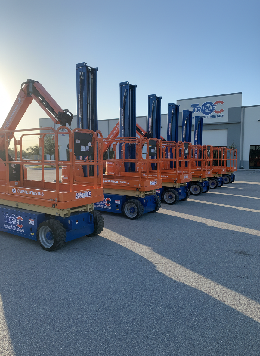 A lineup of pristine boom lifts and scissor lifts in Triple C Equipment Rentals’ signature bright safety orange and deep blue, parked neatly on a clean asphalt yard in Melbourne, Florida. Each machine shows detailed hydraulic arms, non-marking tires, and clearly visible safety decals and railings. The sky is clear with soft late-afternoon natural light creating crisp highlights on metal surfaces and gentle shadows beneath the equipment. In the background, a low, modern warehouse with subtle branding appears softly out of focus. Photographic realism, shot at eye level with a wide-angle lens, sharp focus throughout, conveying reliability, organization, and professional-grade equipment ready for rental.