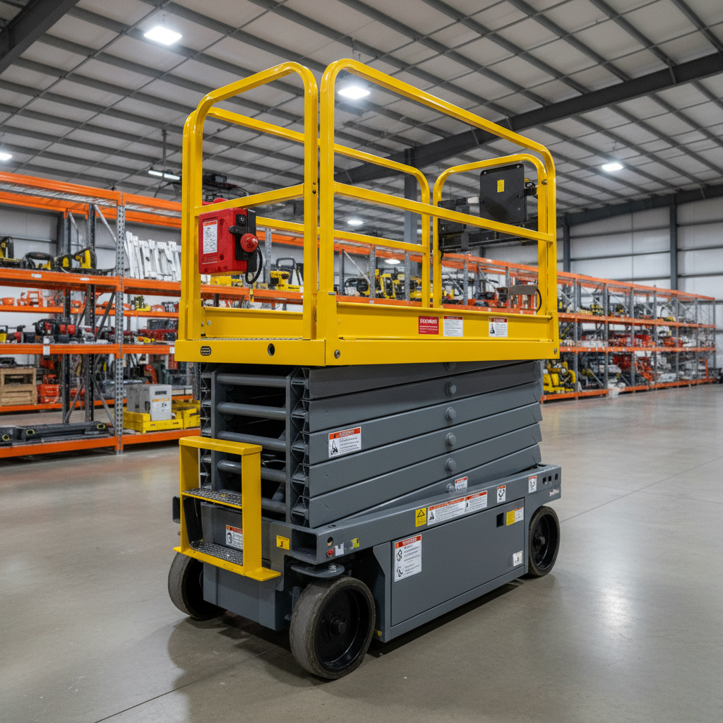 A close-up, three-quarter view of a fully extended electric scissor lift with freshly painted guardrails and a clean non-slip platform surface, positioned indoors on a smooth concrete warehouse floor. The lift’s control box, safety labels, and sturdy base wheels are clearly visible in sharp detail. Overhead LED bay lights cast cool, even illumination, creating subtle reflections on the lift’s powder-coated finish and soft shadows underneath. The background shows neatly arranged racking with other rental equipment slightly blurred. Photographic realism, captured with a slightly elevated angle and moderate depth of field, giving a modern, professional, and trustworthy atmosphere suited for a contractor-focused rental business.