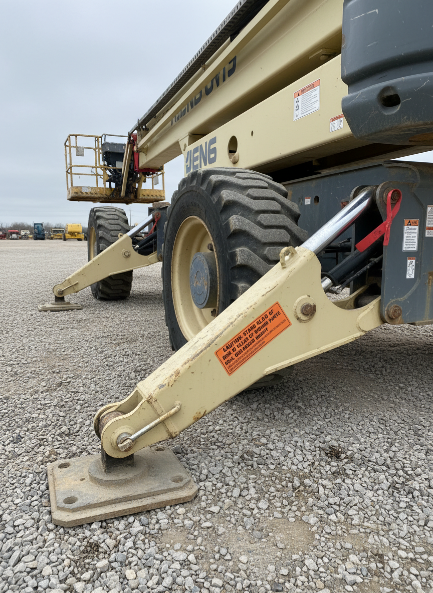 A close, side-on photographic view of the heavy-duty tires and stabilizing outriggers of a large boom lift resting on compacted gravel, showcasing deep tread patterns, robust steel components, and clearly visible safety pins and warning decals. The texture of the gravel and the subtle dust on the lower chassis add realism. Overcast daylight provides soft, diffused lighting that minimizes harsh shadows and highlights structural details. Photographic realism, captured at a low angle with moderate depth of field so the mid-chassis is sharp while the upper boom softly recedes into the background. The mood is solid, dependable, and technical, highlighting the stability and safety features critical for contractors renting aerial equipment.