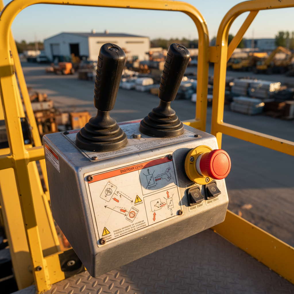 A detailed close-up of a rugged boom lift control station, focusing on the joystick controls, clearly printed operating diagrams, and bright emergency stop button set into a durable metal console. The textured platform floor with anti-slip tread and the sturdy guardrail tubing frame the scene, with the rest of the lift structure gently fading into a softly blurred industrial yard background. Warm, late-afternoon sunlight creates natural highlights on the metal surfaces and rich contrast in the shadows of the control panel, enhancing the tactile feel of the switches and labels. Photographic realism, shot from an operator’s eye-level perspective with a shallow depth of field, conveying precision, safety, and professional-grade engineering suited to serious commercial contractors.